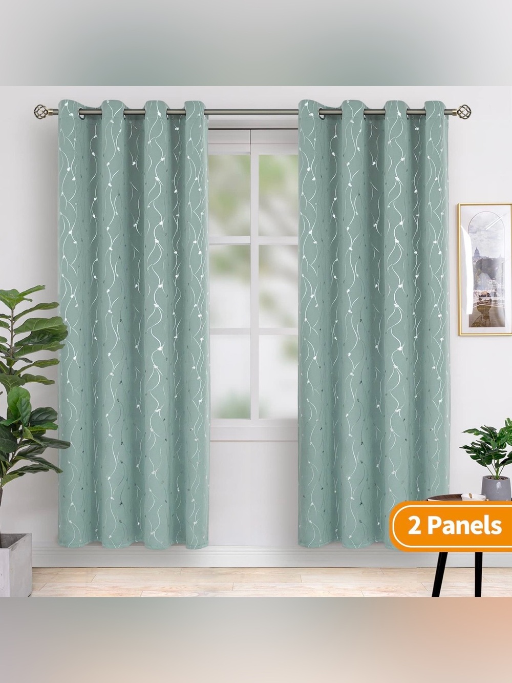 Decorative Frosty Green Wave Pattern Grommet Curtains - 2 Pack